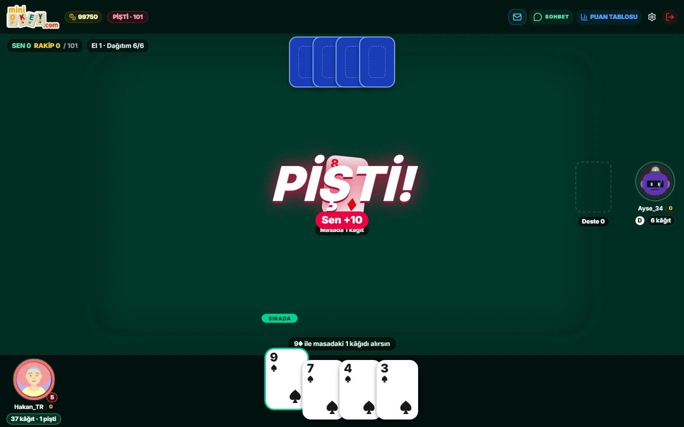 A pisti: taking the single card with its match scores 10