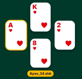 Ein Herz-Stich: das Herz-Ass gewinnt als höchste Karte, darunter der Name des Gewinners