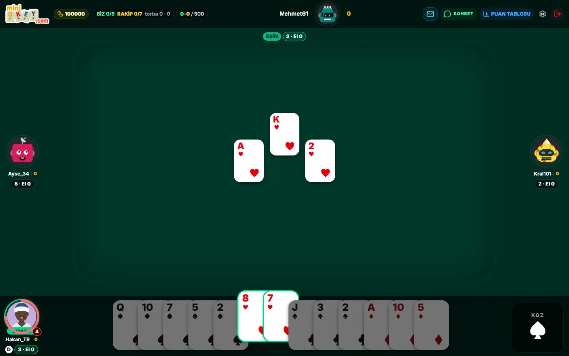 Spades-Tisch: oben Teamanzeige und Partner, in der Mitte ein Herz-Stich, unten die Karten des Spielers, rechts unten die Pik-Trumpfanzeige
