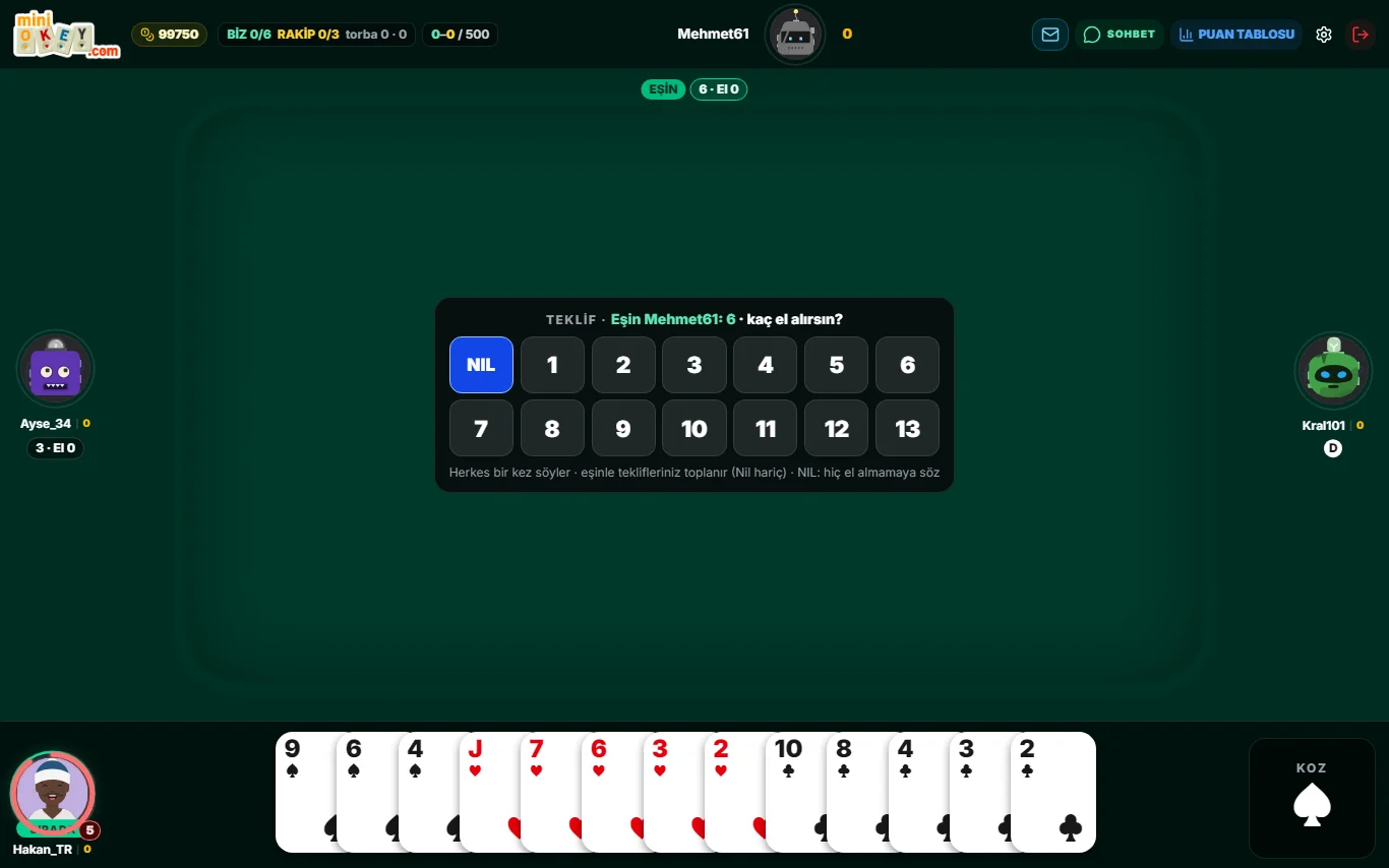 Spades bidding panel: NIL and 1–13 buttons, partner’s bid shown